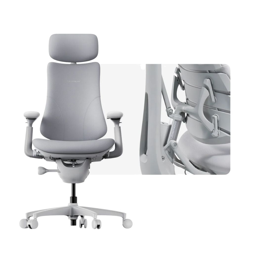 Gray office chair with headrest on a white background