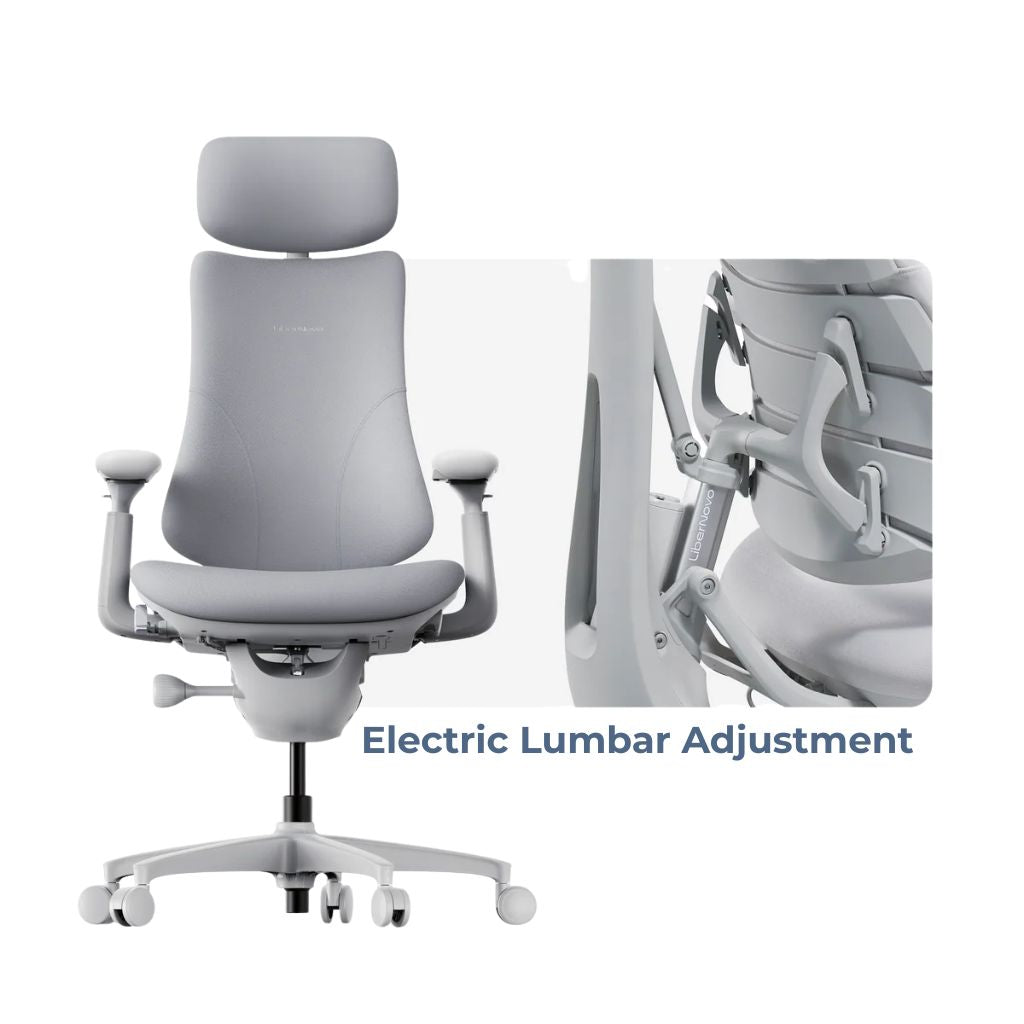 Gray office chair with electric lumbar adjustment feature on a white background