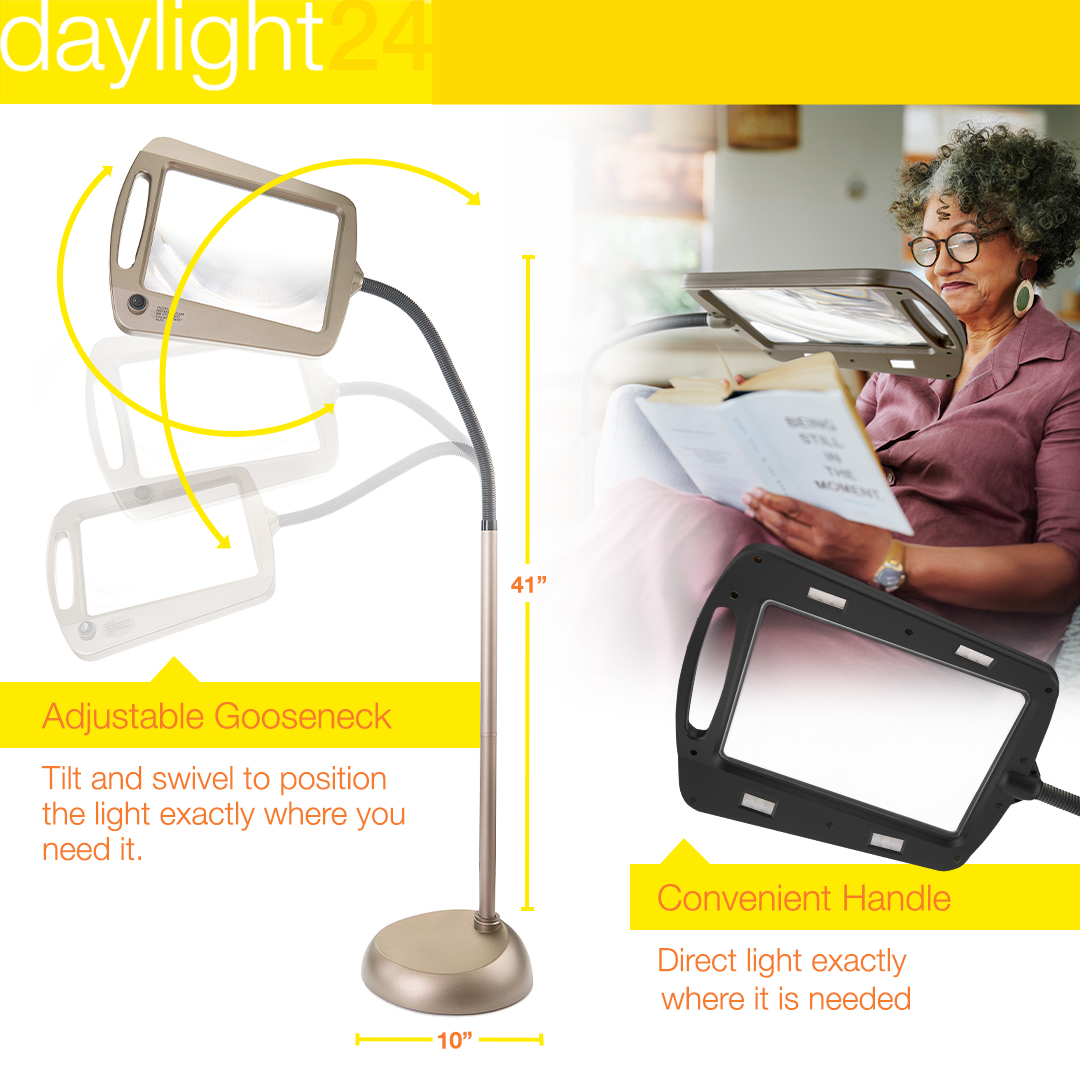 Reading lamp with adjustable gooseneck and convenient handle, shown with a person using it.