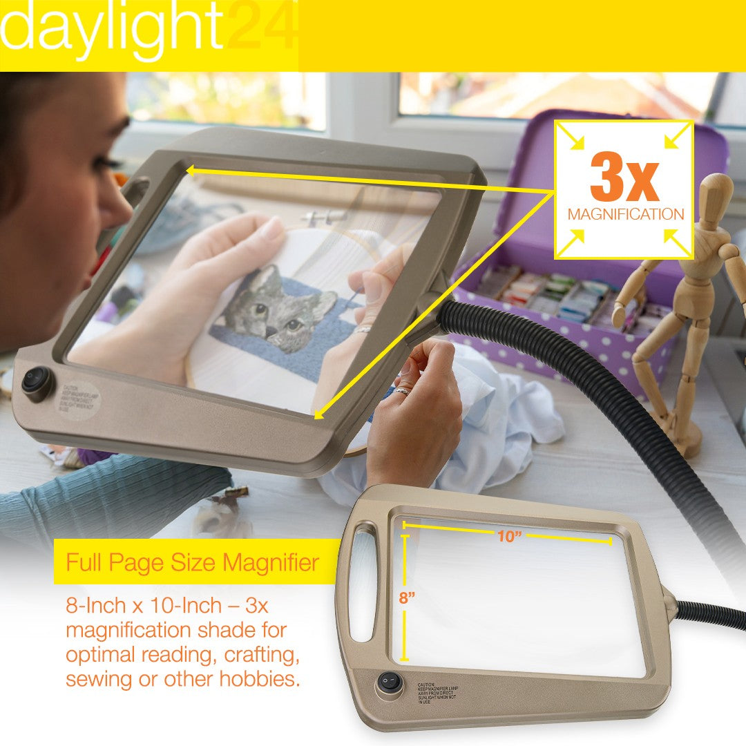 Full-page size magnifier with 3x magnification for reading and crafting, shown in use.