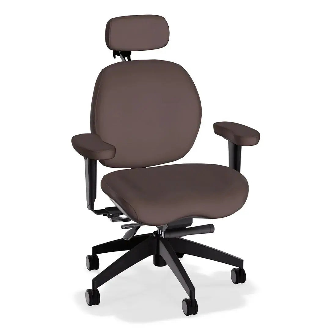 A deluxe ergonomic office chair in truffle-colored leather features a wide, cushioned seat and backrest, headrest, adjustable padded armrests, and a sturdy black five-wheel base, offering comfort and support for extended sitting.