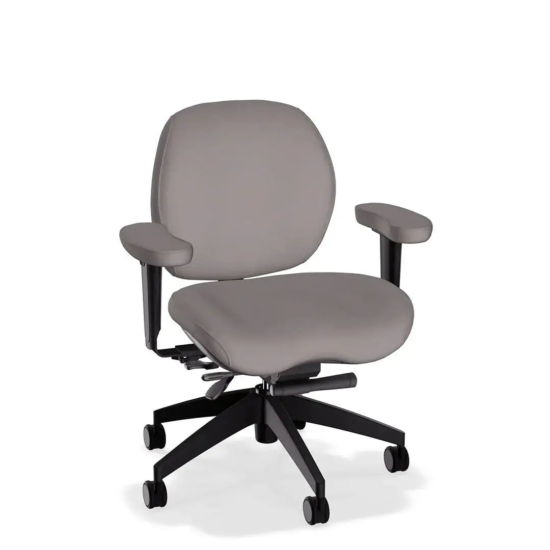 A deluxe ergonomic office chair in grey-colored leather features a wide, cushioned seat and backrest, headrest, adjustable padded armrests, and a sturdy black five-wheel base, offering comfort and support for extended sitting.