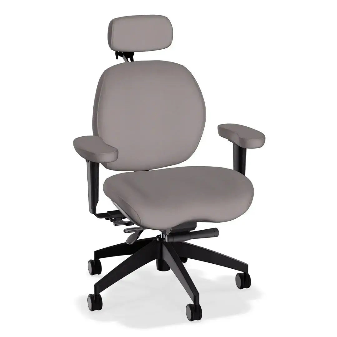 A deluxe ergonomic office chair in grey-colored leather features a wide, cushioned seat and backrest, headrest, adjustable padded armrests, and a sturdy black five-wheel base, offering comfort and support for extended sitting.