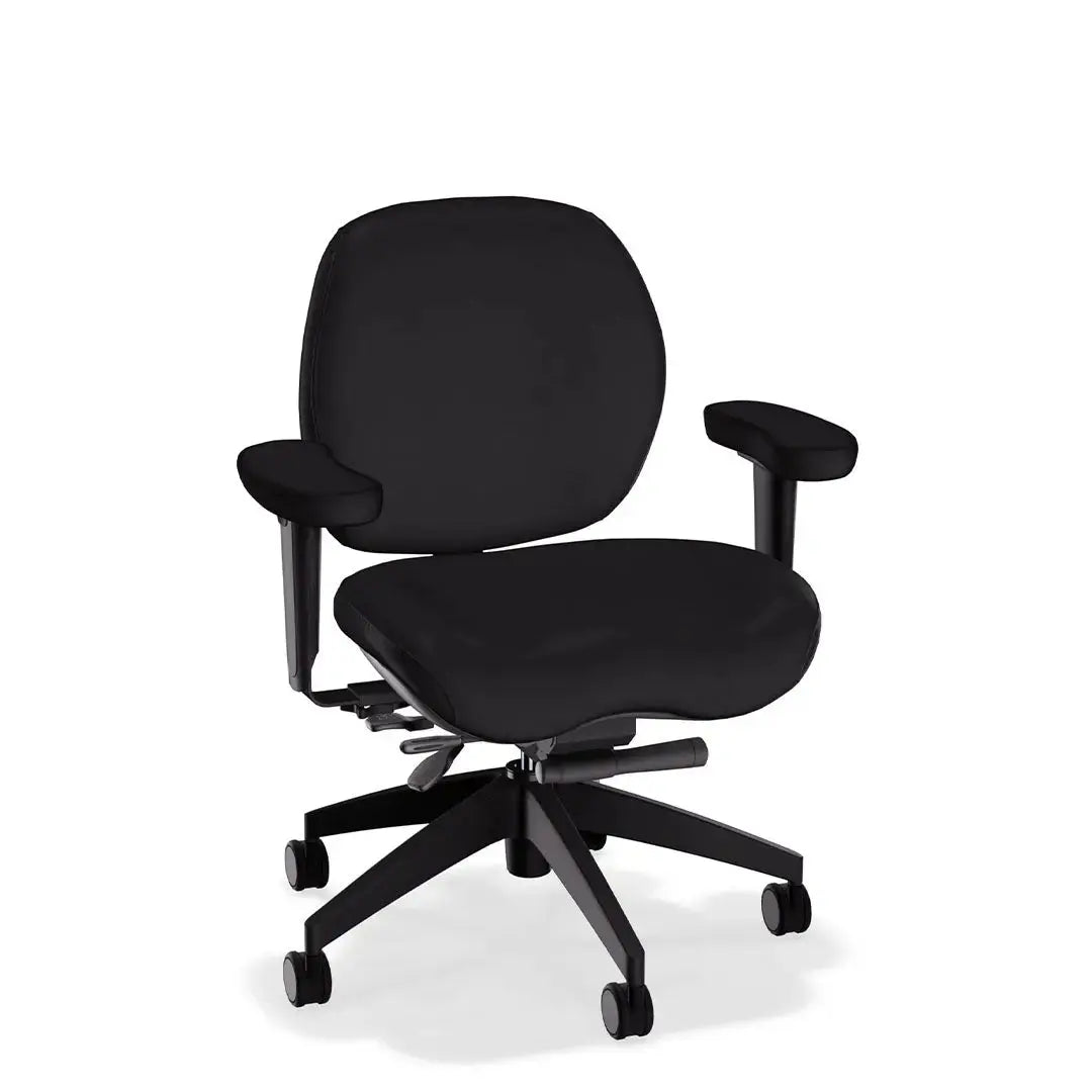 A deluxe ergonomic office chair in black-colored leather features a wide, cushioned seat and backrest, headrest, adjustable padded armrests, and a sturdy black five-wheel base, offering comfort and support for extended sitting.