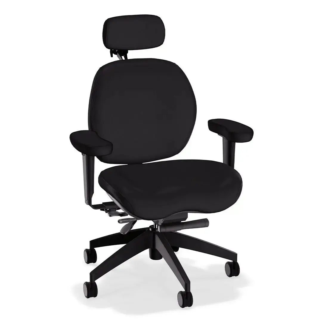 A deluxe ergonomic office chair in black-colored leather features a wide, cushioned seat and backrest, headrest, adjustable padded armrests, and a sturdy black five-wheel base, offering comfort and support for extended sitting.