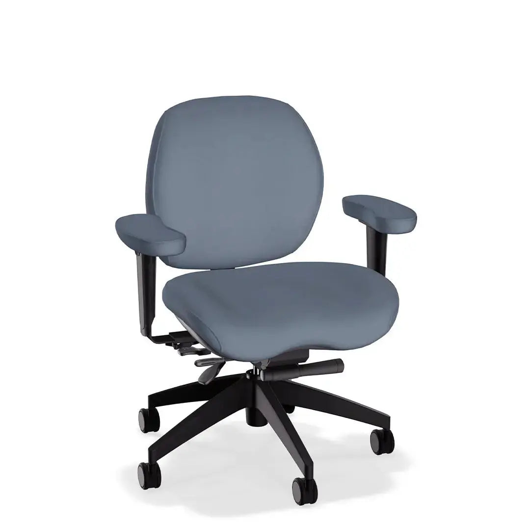 A deluxe ergonomic office chair in muted blue-colored leather features a wide, cushioned seat and backrest, headrest, adjustable padded armrests, and a sturdy black five-wheel base, offering comfort and support for extended sitting.