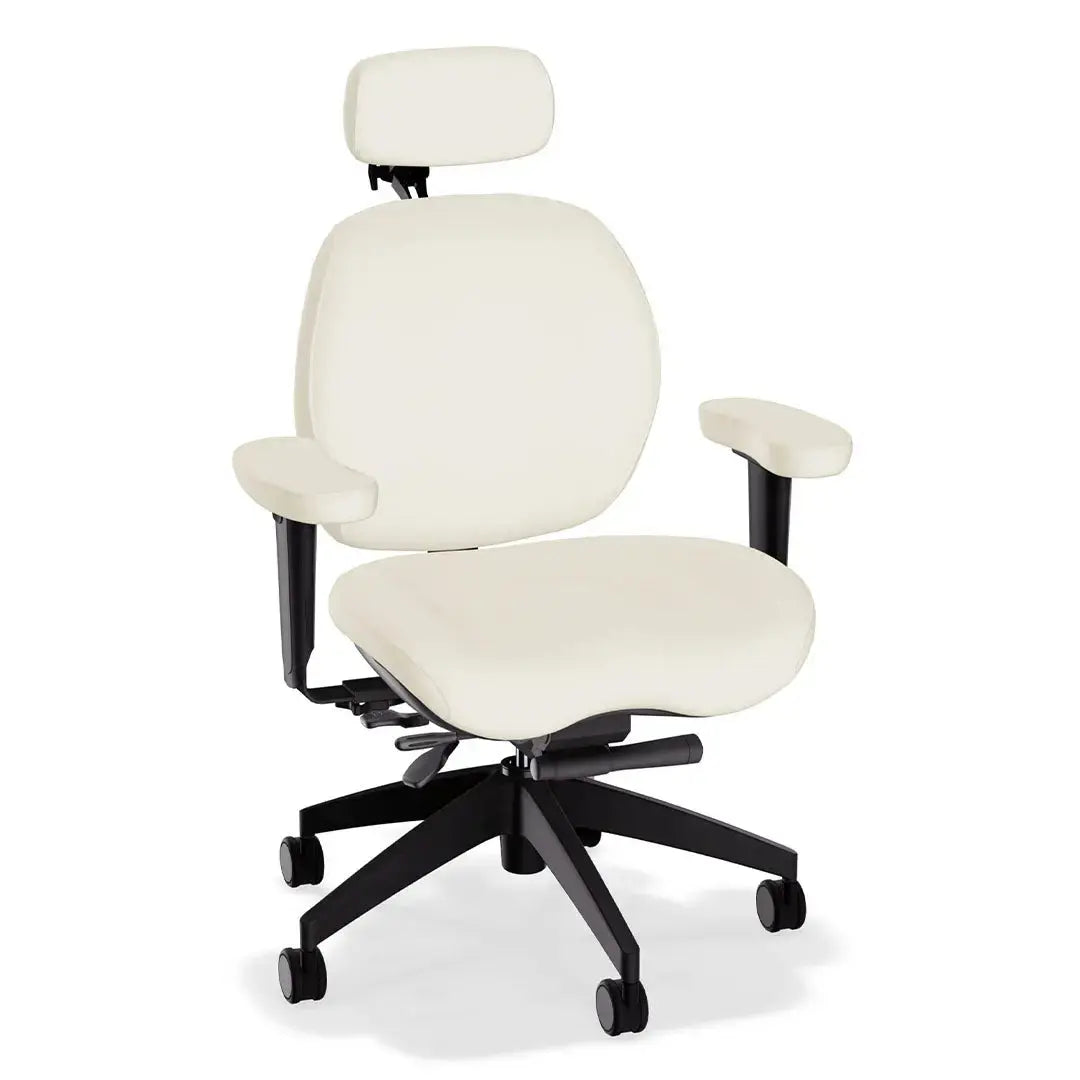 A deluxe ergonomic office chair in beige-colored leather features a wide, cushioned seat and backrest, headrest, adjustable padded armrests, and a sturdy black five-wheel base, offering comfort and support for extended sitting.
