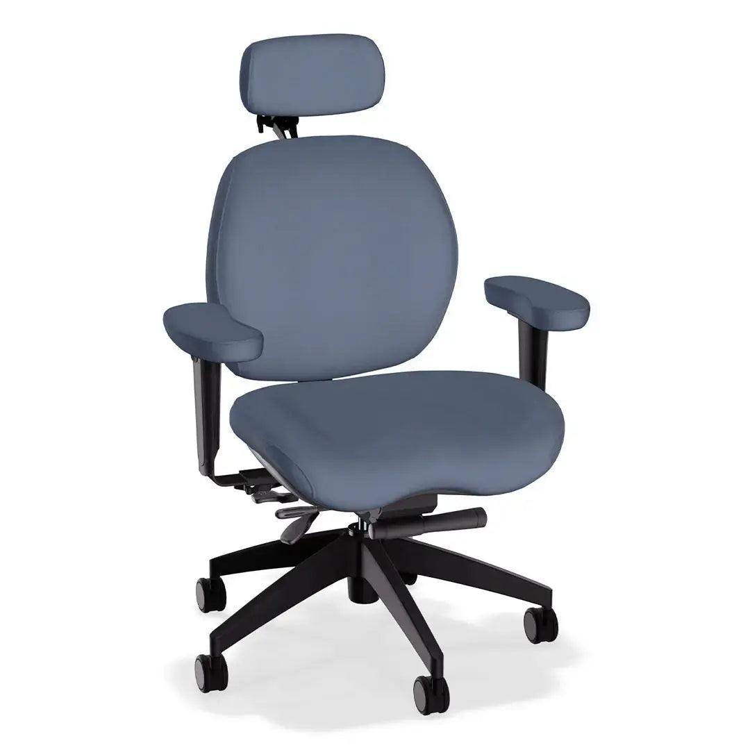 A deluxe ergonomic office chair in blue-colored leather features a wide, cushioned seat and backrest, headrest, adjustable padded armrests, and a sturdy black five-wheel base, offering comfort and support for extended sitting.