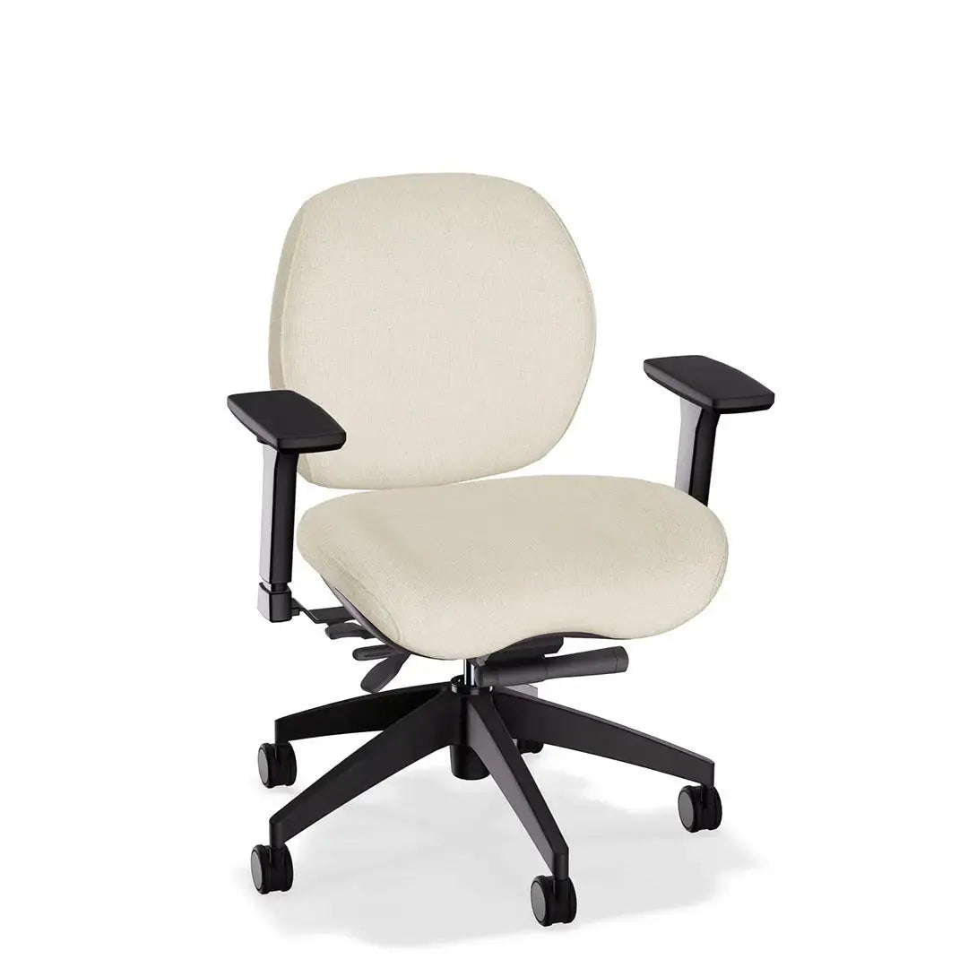 This office chair showcases a soft charcoal-ivory fabric upholstery with gently contoured cushioning for ergonomic comfort. It features black adjustable armrests and a durable black wheeled base, offering both style and support for everyday use.