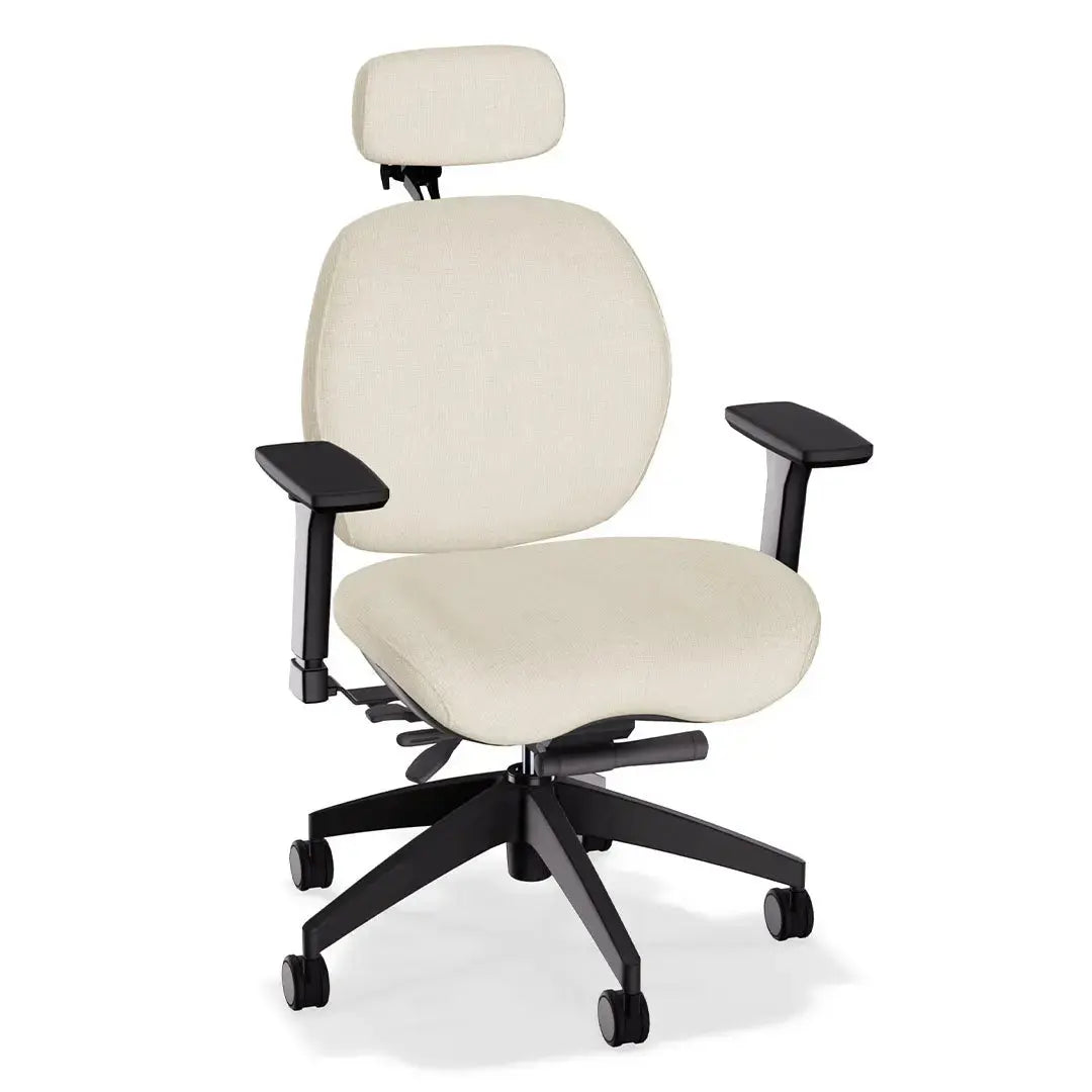 This office chair showcases a soft charcoal-ivory fabric upholstery with gently contoured cushioning for ergonomic comfort. It features black adjustable armrests and a durable black wheeled base, offering both style and support for everyday use.