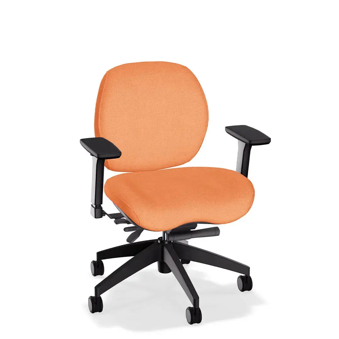 This office chair showcases a soft coral-ivory fabric upholstery with gently contoured cushioning for ergonomic comfort. It features black adjustable armrests and a durable black wheeled base, offering both style and support for everyday use.