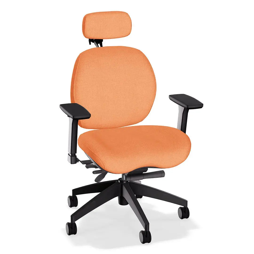 This office chair showcases a soft coral-ivory fabric upholstery with gently contoured cushioning for ergonomic comfort. It features black adjustable armrests and a durable black wheeled base, offering both style and support for everyday use.