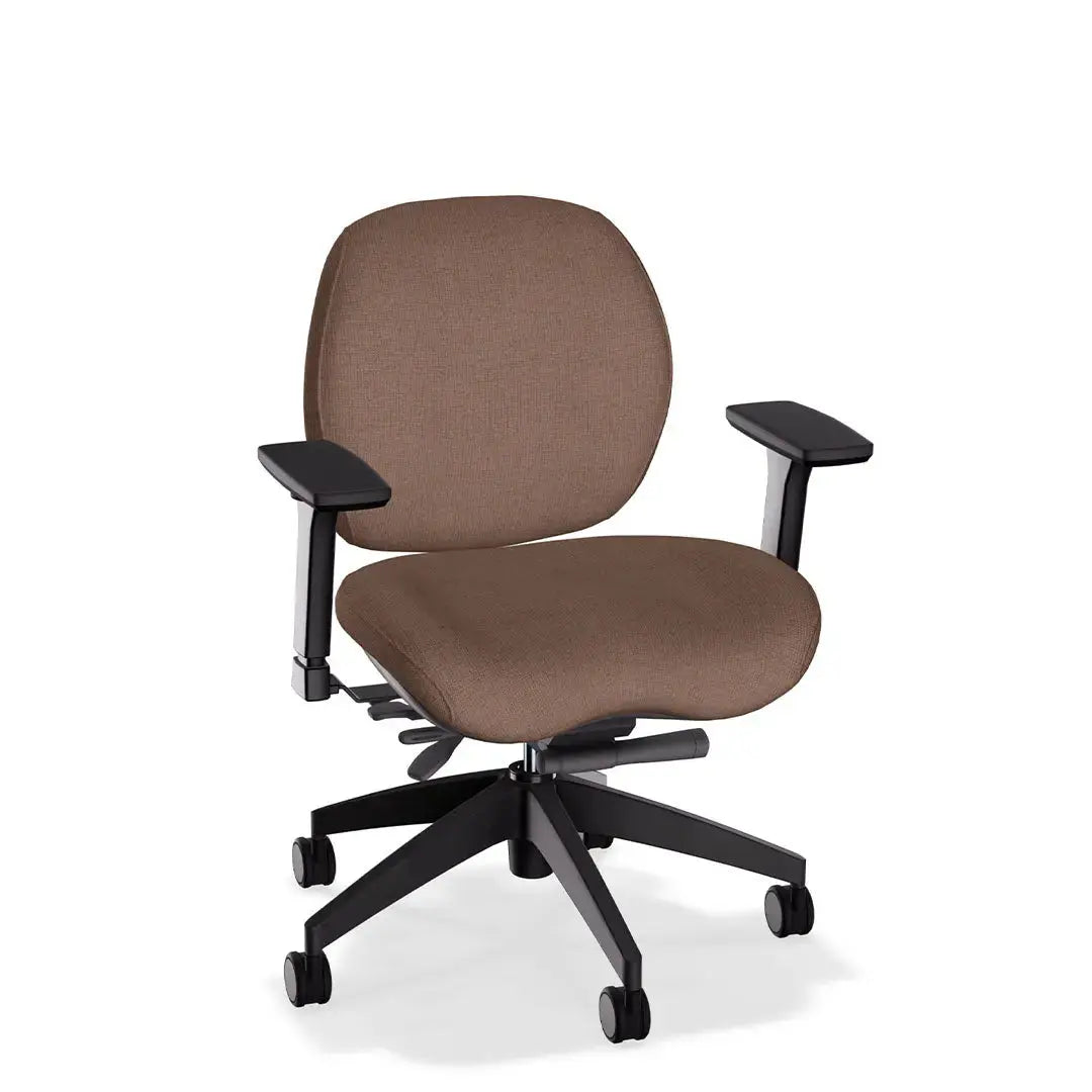 This office chair showcases a soft brown -ivory fabric upholstery with gently contoured cushioning for ergonomic comfort. It features black adjustable armrests and a durable black wheeled base, offering both style and support for everyday use.