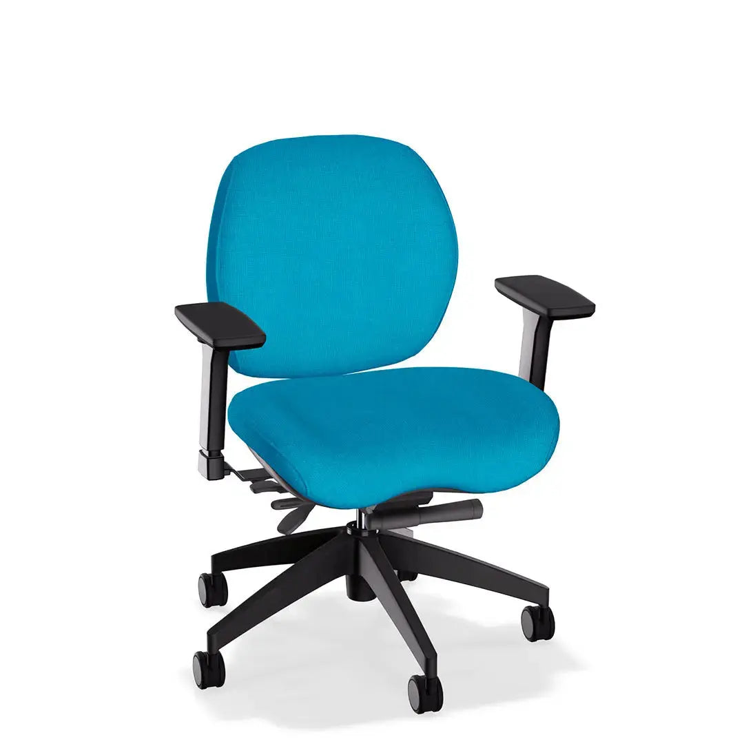 This office chair showcases a soft teal-ivory fabric upholstery with gently contoured cushioning for ergonomic comfort. It features black adjustable armrests and a durable black wheeled base, offering both style and support for everyday use.