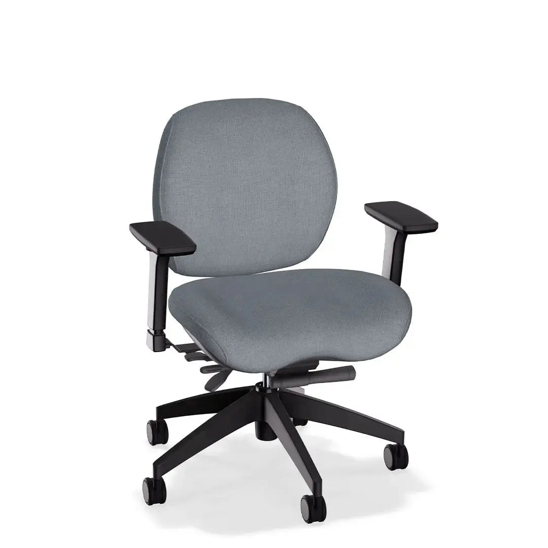 This office chair showcases a soft grey fabric upholstery with gently contoured cushioning for ergonomic comfort. It features black adjustable armrests and a durable black wheeled base, offering both style and support for everyday use.