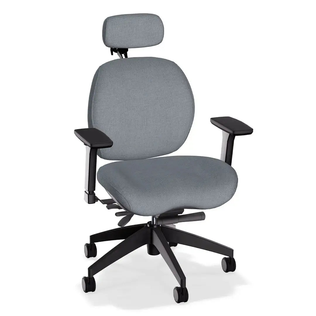 This office chair showcases a soft grey fabric upholstery with gently contoured cushioning for ergonomic comfort. It features black adjustable armrests and a durable black wheeled base, offering both style and support for everyday use.
