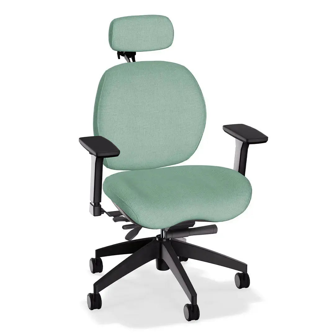 This office chair showcases a soft light green fabric upholstery with gently contoured cushioning for ergonomic comfort. It features black adjustable armrests and a durable black wheeled base, offering both style and support for everyday use.