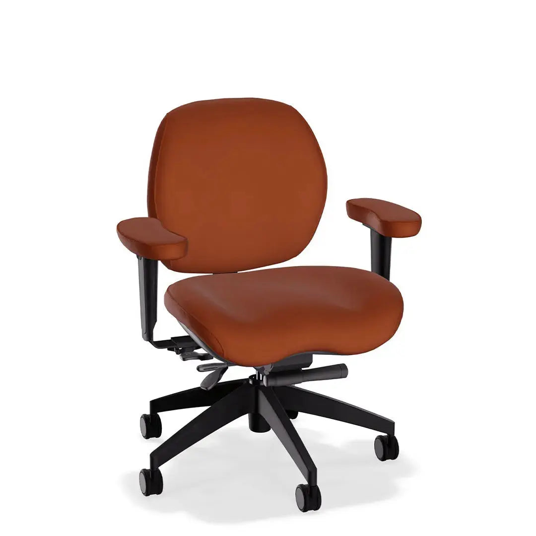 A deluxe ergonomic office chair in chestnut-colored leather features a wide, cushioned seat and backrest, headrest, adjustable padded armrests, and a sturdy black five-wheel base, offering comfort and support for extended sitting.