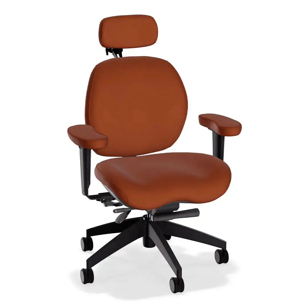 A deluxe ergonomic office chair in chestnut-colored leather features a wide, cushioned seat and backrest, headrest, adjustable padded armrests, and a sturdy black five-wheel base, offering comfort and support for extended sitting.