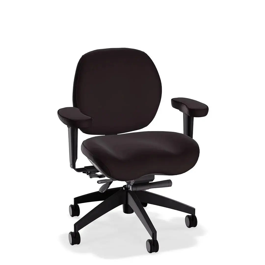 A deluxe ergonomic office chair in black-colored leather features a wide, cushioned seat and backrest, headrest, adjustable padded armrests, and a sturdy black five-wheel base, offering comfort and support for extended sitting.