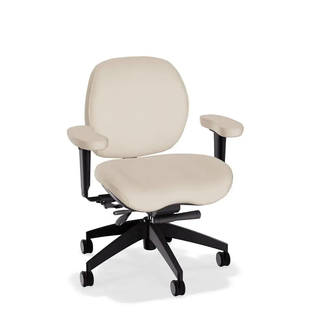 A deluxe ergonomic office chair in cream-colored leather features a wide, cushioned seat and backrest, headrest, adjustable padded armrests, and a sturdy black five-wheel base, offering comfort and support for extended sitting.