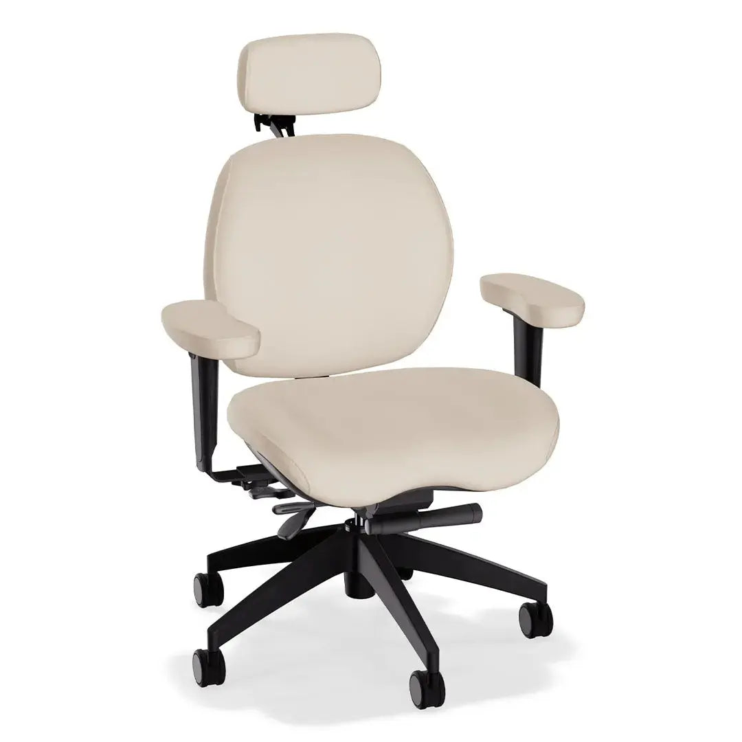 A deluxe ergonomic office chair in cream-colored leather features a wide, cushioned seat and backrest, headrest, adjustable padded armrests, and a sturdy black five-wheel base, offering comfort and support for extended sitting.