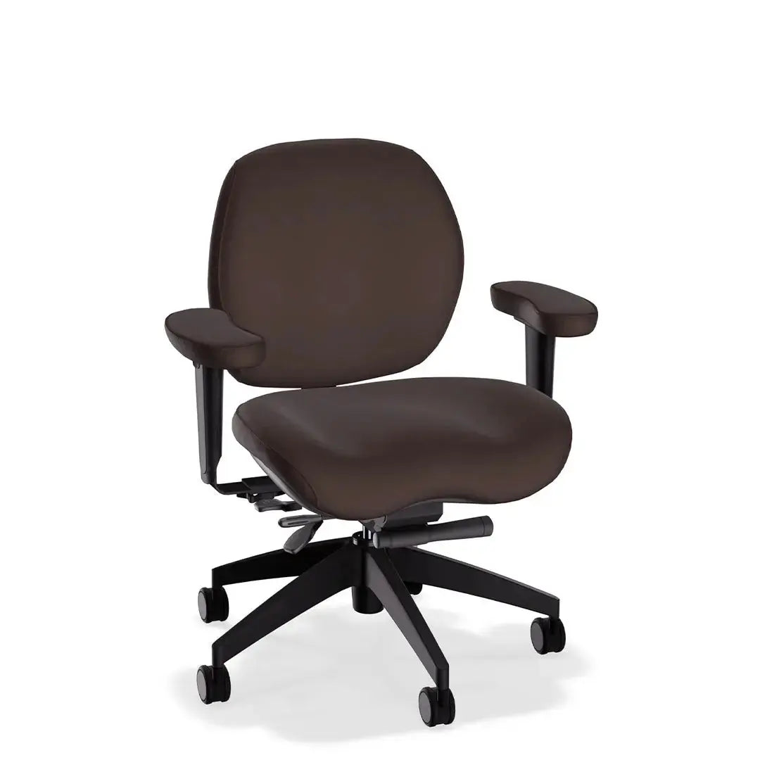 A deluxe ergonomic office chair in taupe-colored leather features a wide, cushioned seat and backrest, headrest, adjustable padded armrests, and a sturdy black five-wheel base, offering comfort and support for extended sitting.