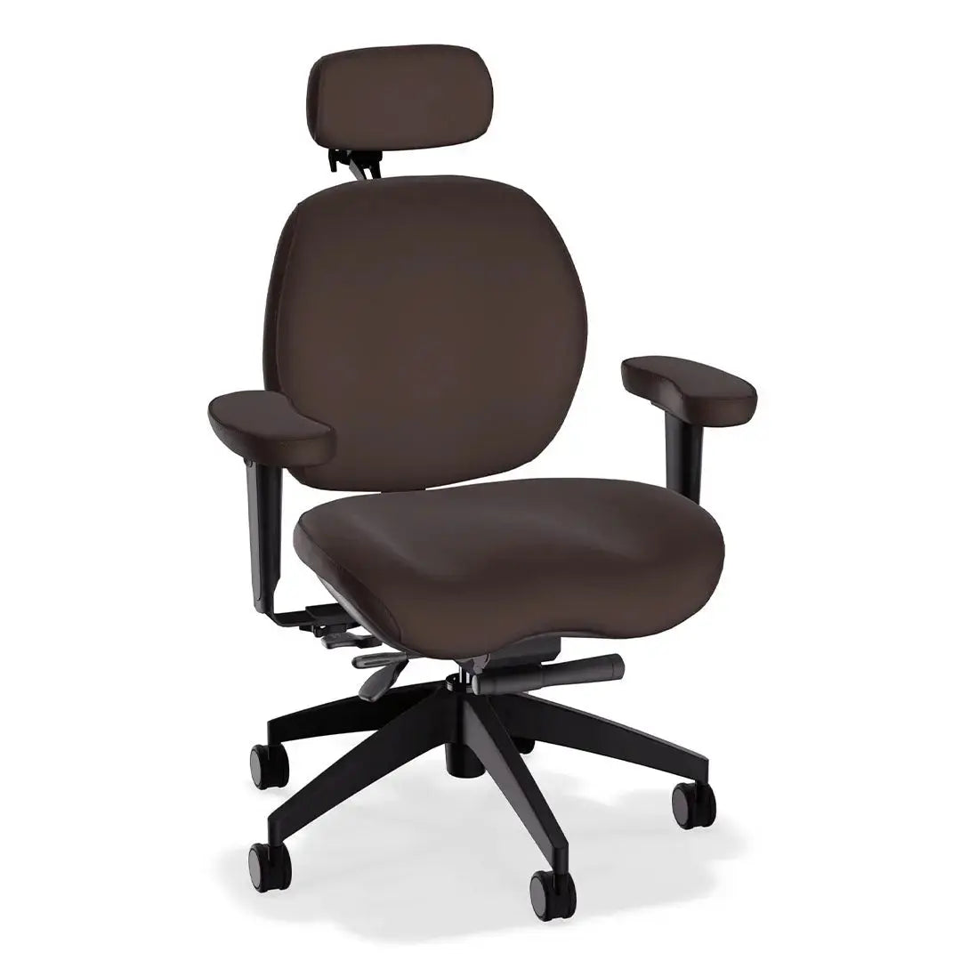 A deluxe ergonomic office chair in taupe-colored leather features a wide, cushioned seat and backrest, headrest, adjustable padded armrests, and a sturdy black five-wheel base, offering comfort and support for extended sitting.