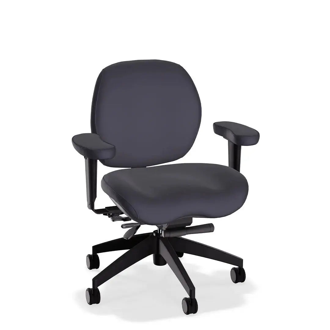 A deluxe ergonomic office chair in grey-colored leather features a wide, cushioned seat and backrest, headrest, adjustable padded armrests, and a sturdy black five-wheel base, offering comfort and support for extended sitting.