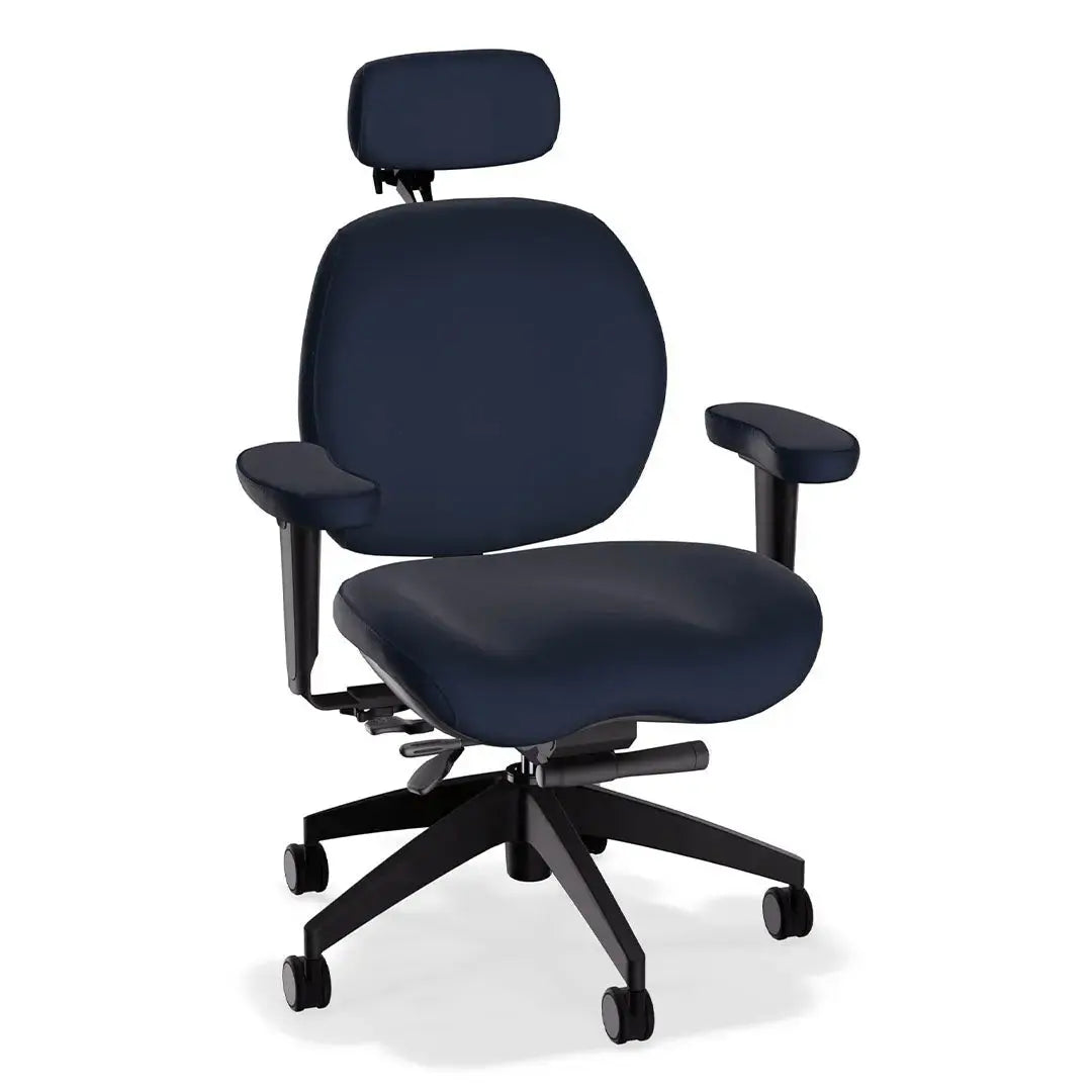 A deluxe ergonomic office chair in indigo-colored leather features a wide, cushioned seat and backrest, headrest, adjustable padded armrests, and a sturdy black five-wheel base, offering comfort and support for extended sitting.