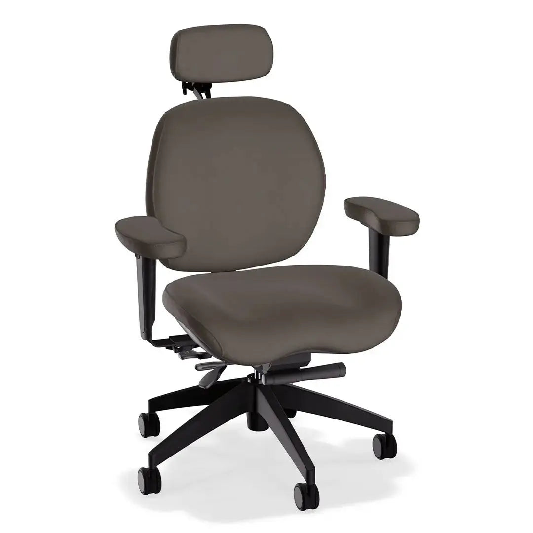 An ergonomic executive office chair with a wide, cushioned seat and backrest in quarry-colored leather, adjustable armrests, and a matching headrest. It sits on a sturdy black five-wheel base for mobility and support.