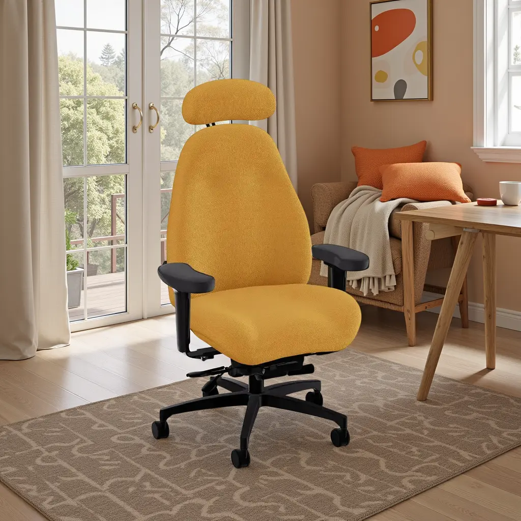 Yellow office chair in a home office setting with a desk and decor.