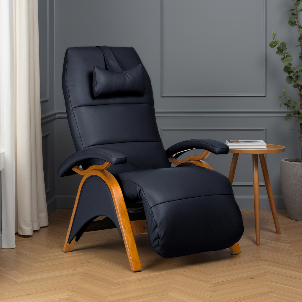 Novus Zero-Gravity Recliner in Indigo leather with Teak wood base, styled in a modern living room with slate grey walls, herringbone oak flooring, and a round teak side table.