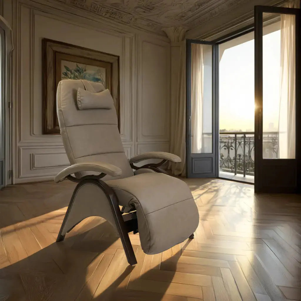 Novus Zero Gravity Manual Recliner in a living room setting with a large framed artwork on a wall and open doors leading to the balcony.