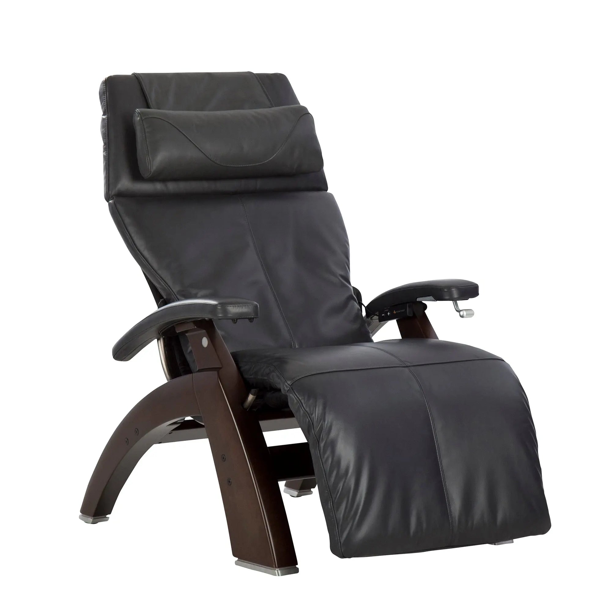 Black leather recliner chair on a white background
