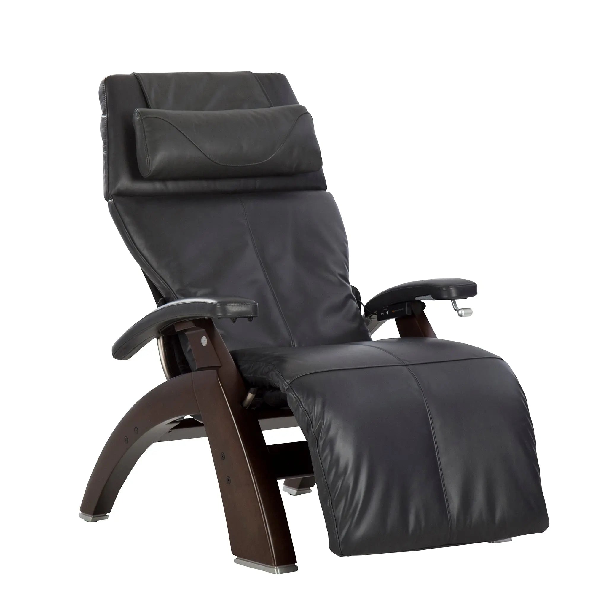 Black leather recliner chair on a white background