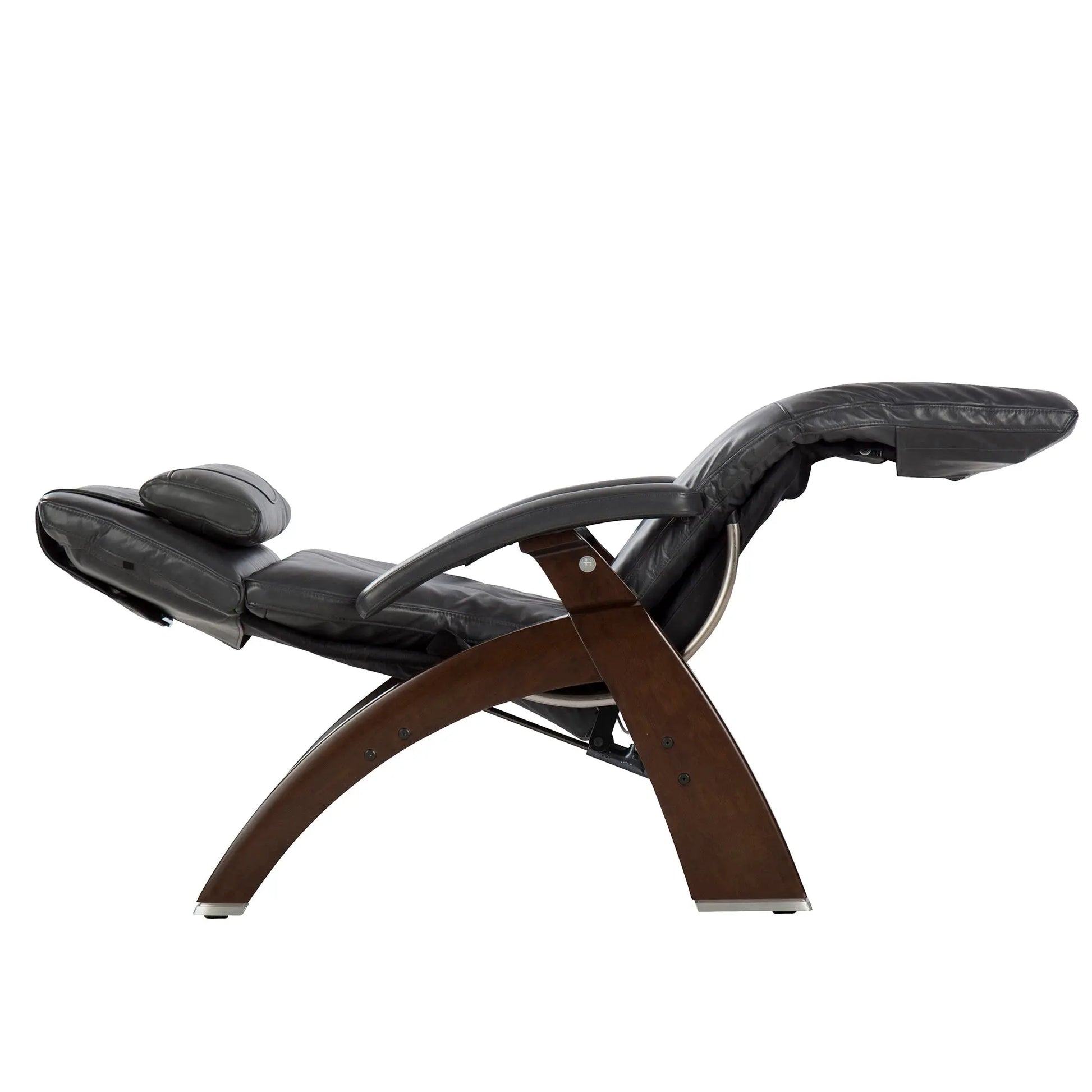 Black recliner chair with wooden base on a white background