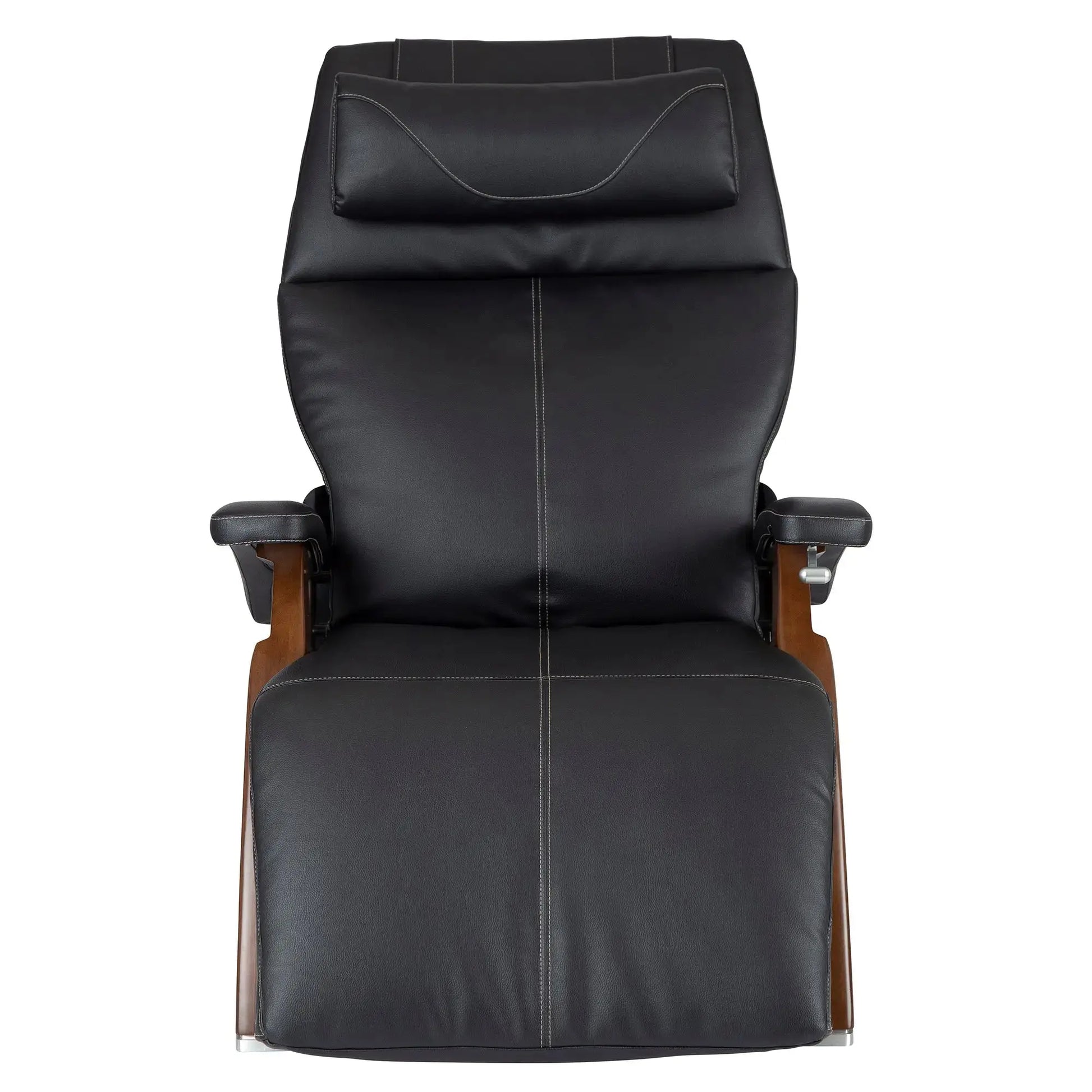 A front-facing view of a black zero gravity recliner showcases its plush, cushioned seat and backrest with contrast stitching, padded armrests, and wood-accented sides for a refined, supportive design.