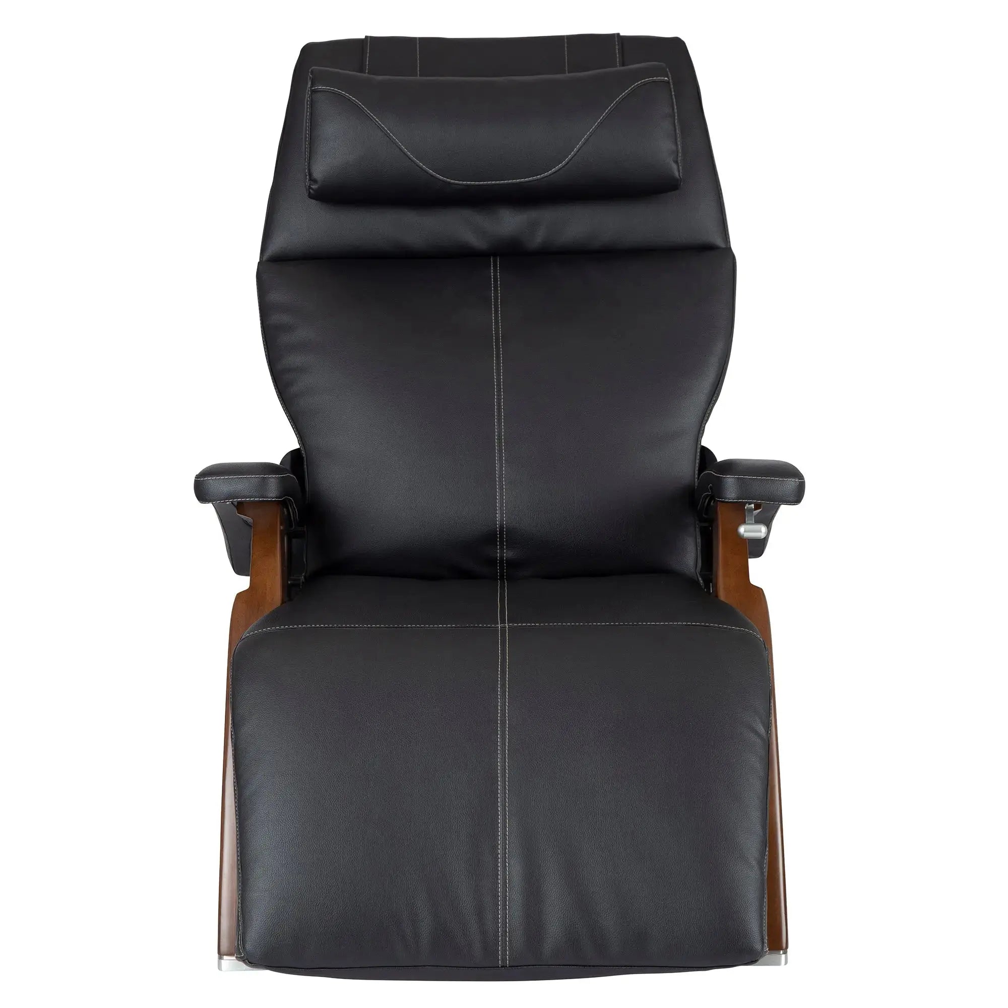 A front-facing view of a black zero gravity recliner showcases its plush, cushioned seat and backrest with contrast stitching, padded armrests, and wood-accented sides for a refined, supportive design.