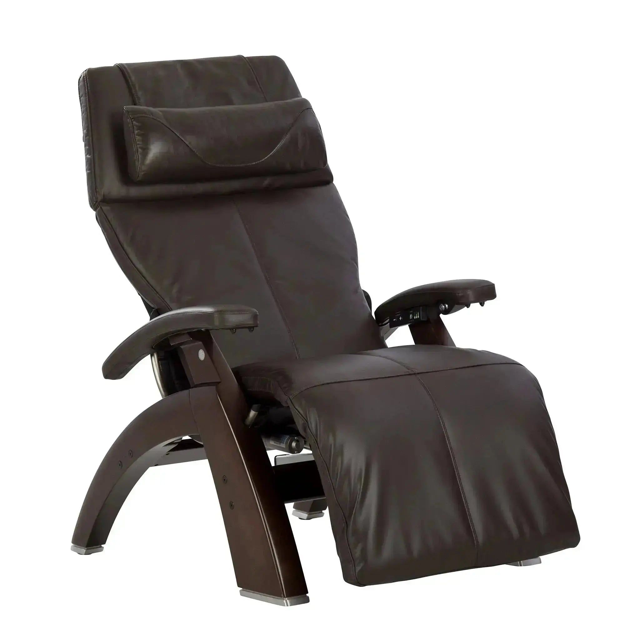 A sleek zero gravity recliner with curved wooden legs, padded armrests, and a cushioned headrest features contrast stitching and a smooth, modern design.