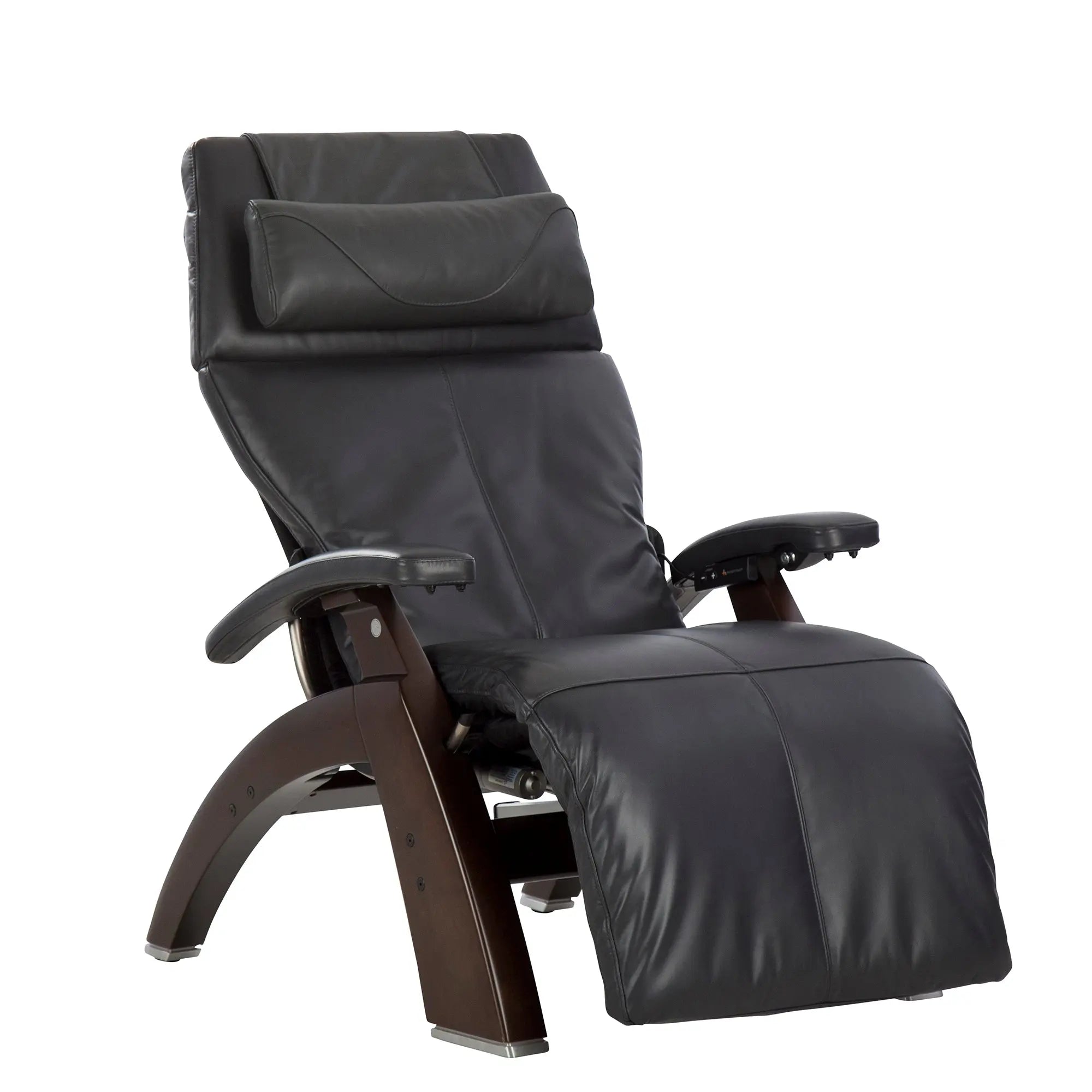 Grey-colored zero gravity recliner chair with dark walnut wood base and padded armrests, shown against a white background.