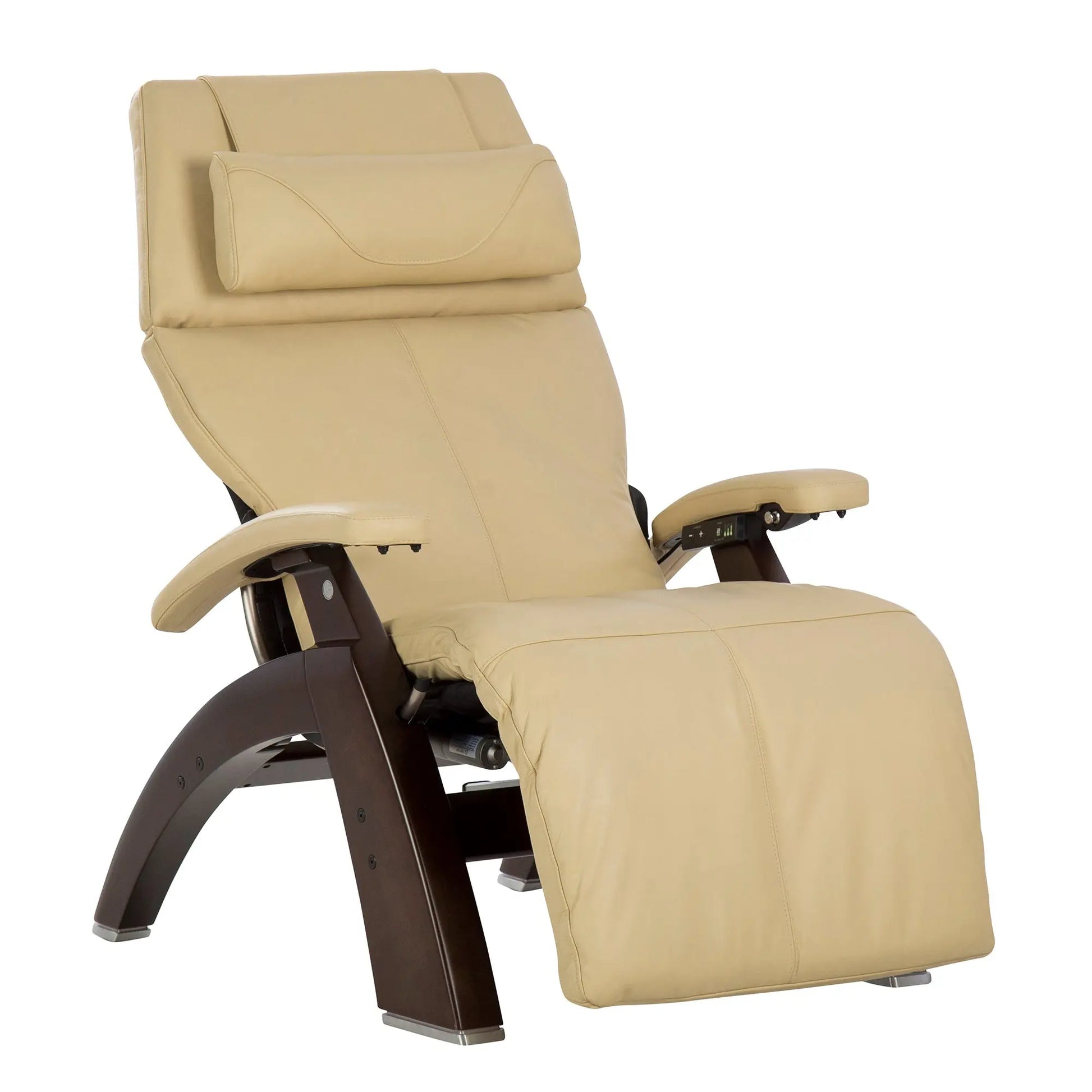 Ivory-colored zero gravity recliner chair with wood base and padded armrests, shown against a white background.