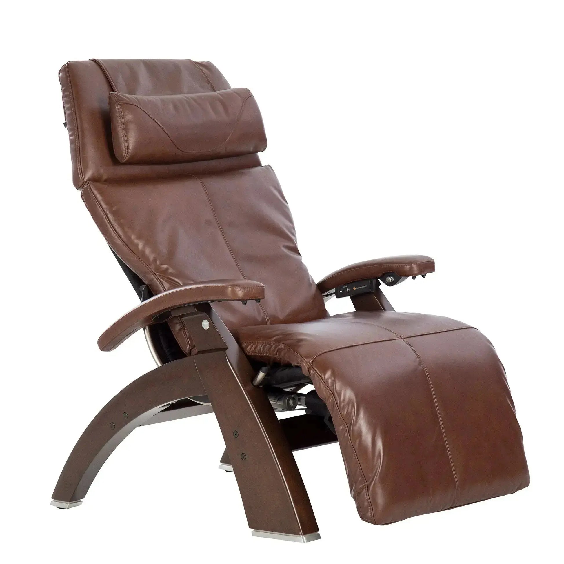 A sleek zero gravity recliner with curved wooden legs, padded armrests, and a cushioned headrest features contrast stitching and a smooth, modern design.