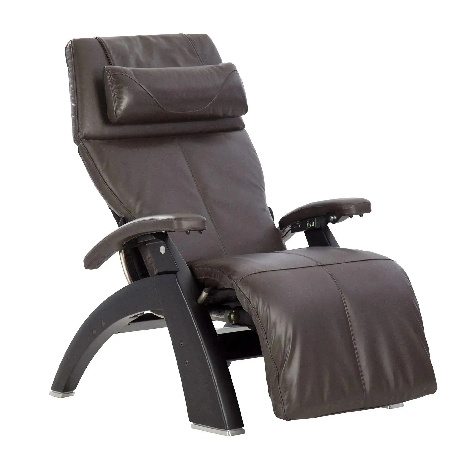 A sleek zero gravity recliner with curved wooden legs, padded armrests, and a cushioned headrest features contrast stitching and a smooth, modern design.