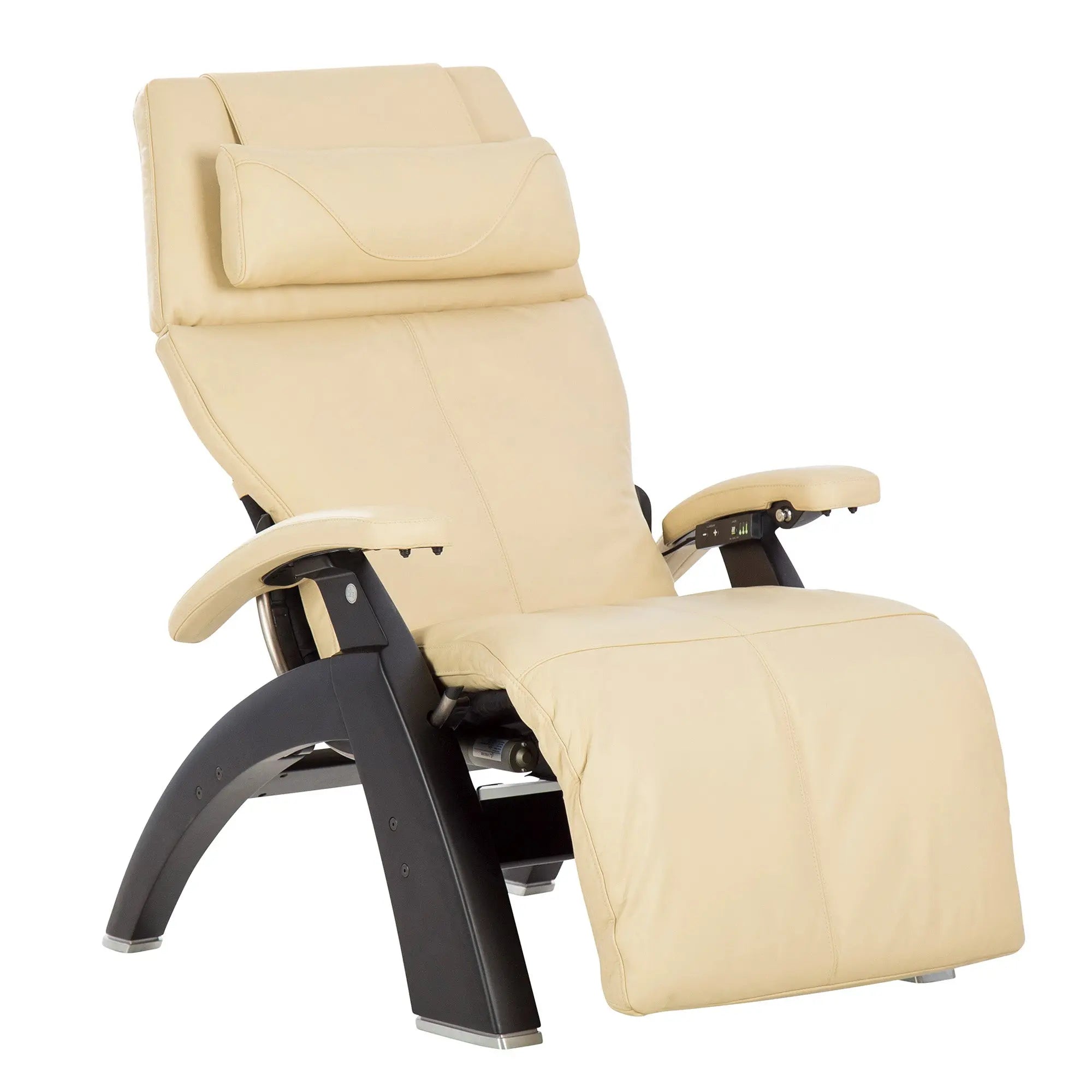 Cream-colored zero gravity recliner chair with black wood base and padded armrests, shown against a white background.