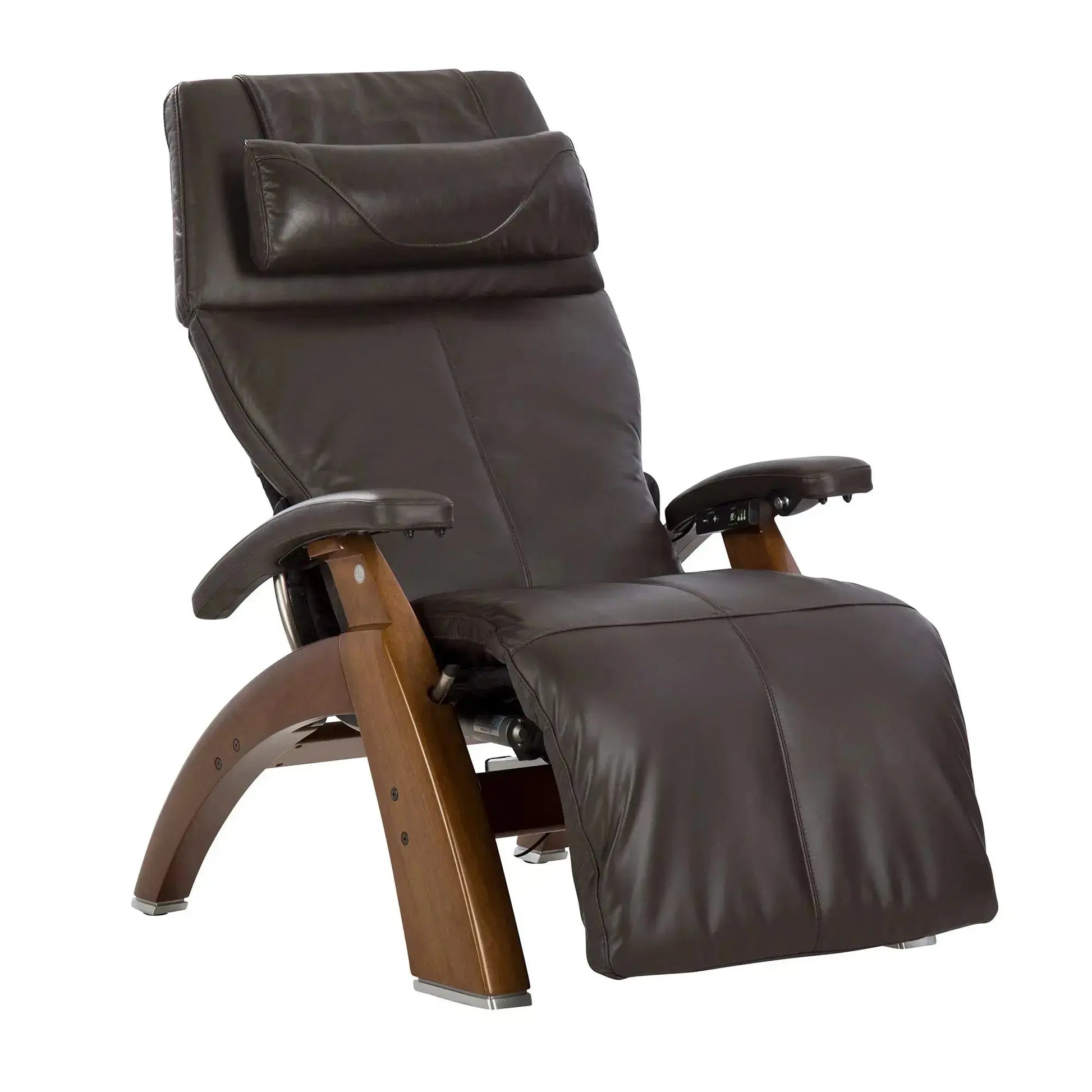 A sleek zero gravity recliner with curved wooden legs, padded armrests, and a cushioned headrest features contrast stitching and a smooth, modern design.