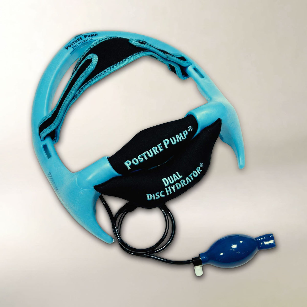 Posture Pump Dual Disc Hydrator with a light blue plastic frame, black fabric support pads, and a blue manual pump bulb connected by a black tube, shown on a plain light background.