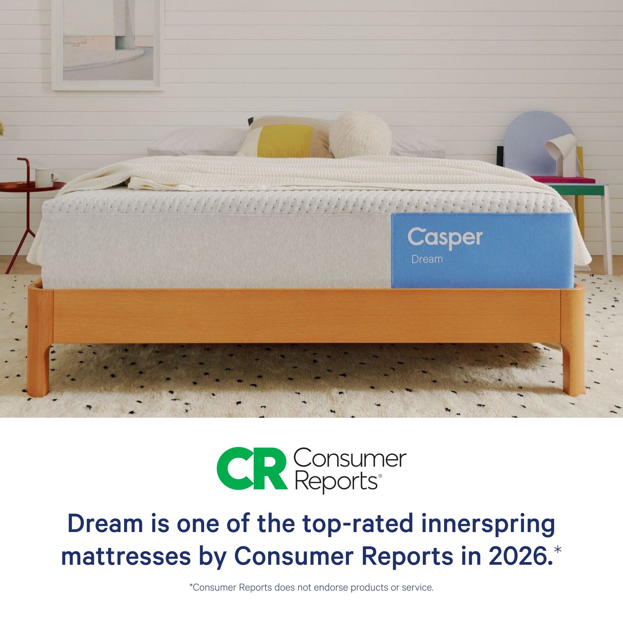 Casper mattress on a wooden bed frame with Consumer Reports logo and text.