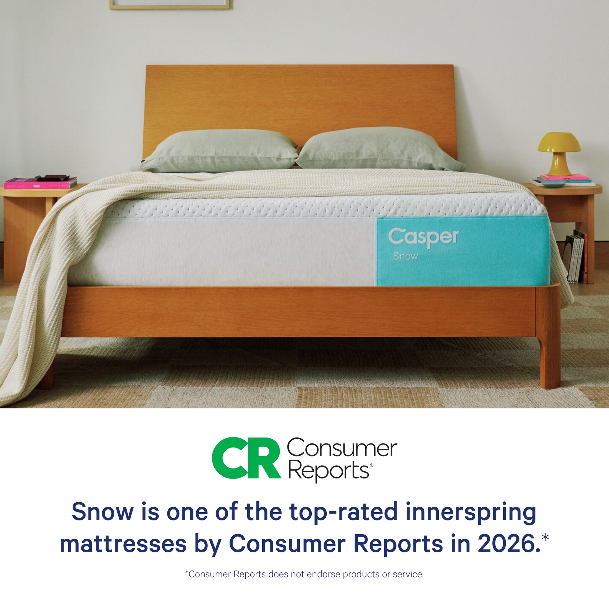 Casper mattress with CR Consumer Reports logo and text on a bedroom setting