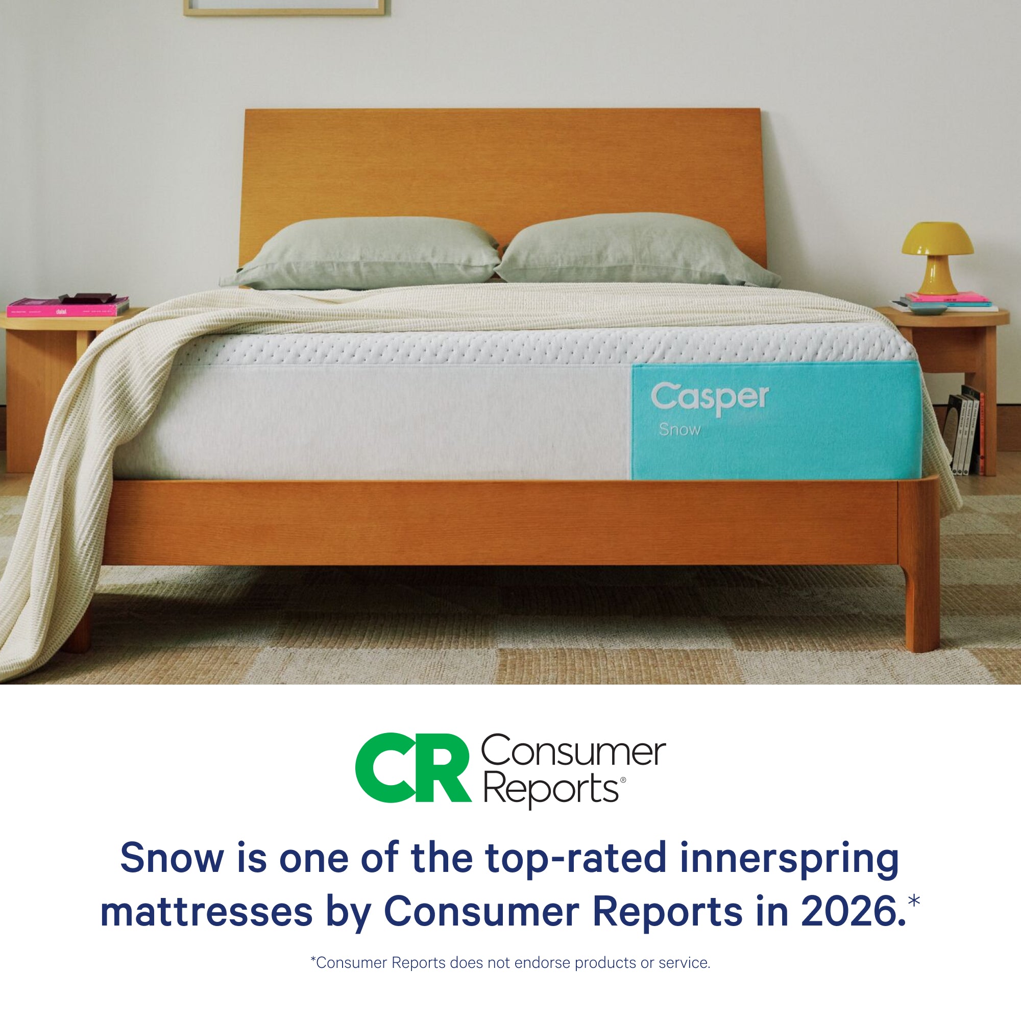 Casper mattress with CR Consumer Reports logo and text on a bedroom setting